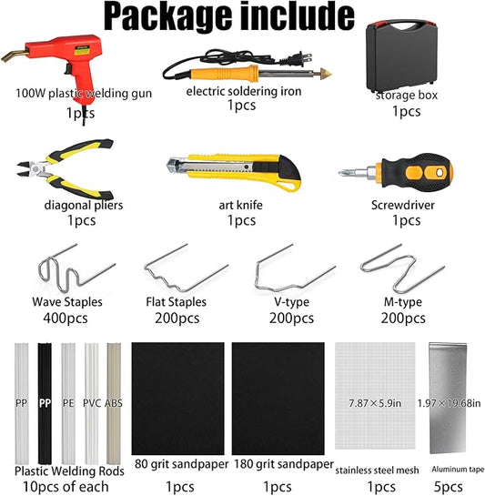 Plastic Welder Kit, 800 PCS Hot Stapler Plastic Repair Kit For Car Bumper Crack Repair, Plastic Welding Kit With Plastic Iron, Plastic Rods,Mesh,Abrasive Paper,Aluminum Tape(RED)