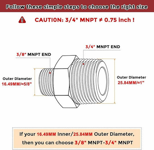 Pack of 3, 3/4" MNPT To 3/8" MNPT Solid Brass Hex Nipple Hose Connectors, Male Pipe Adapter for Pipe Leak Repair, Bathroom Remodeling, Tool Extension, Compression
