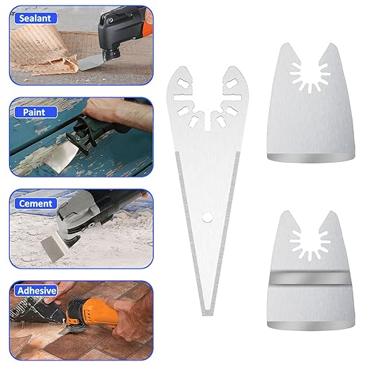 9pcs Oscillating Scraper Blades for caulk adhesive sealant removal, Universal Multi tool Quick Release, 3pcs Rigid Scraper, 3pcs Flexible Scraper, 3pcs tapered scraper