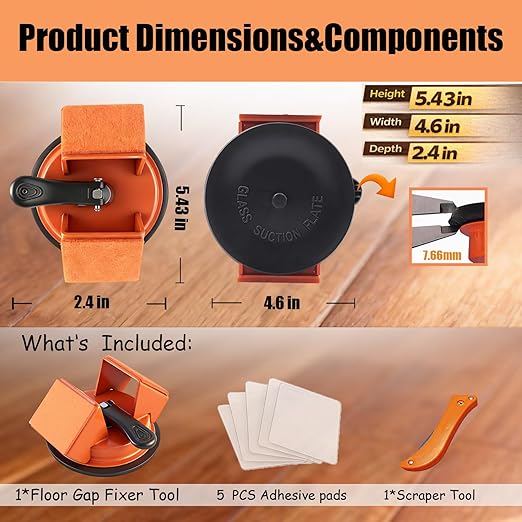 Floor Gap Fixer Tool Kit – 45° Laminate Floor Gap Repair Tool with Strong Suction Cup & Adhesive Pads, Heavy Duty Plank Puller for Vinyl, LVP & Wood Floors