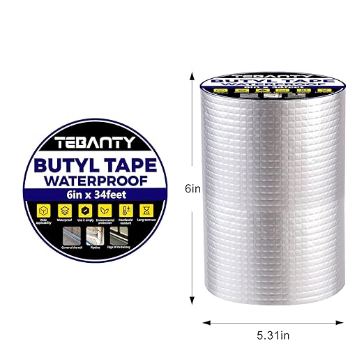 Butyl Tape Waterproof Sealing Tape 6Inch x 34Feet, Aluminum Foil Tape, Butyl Sealant Tape for Pipe Sealing, RV Repair, Window, EDPM Roof Leak Patching, Boat and Pipe Sealing