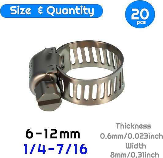20PCS Hose Clamp Se1/4-7/16'' 304 Stainless Steel Worm Gear Hose Clamps for Pipe, Intercooler, Plumbing, Tube and Fuel Line (20pcs1/4-7/16/6-12mm)
