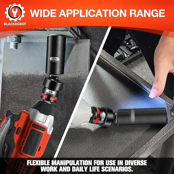 BLACKROBOT 3/8" Drive Impact Universal Joint Set, CR-MO Swivel Socket Adapter for Automotive & Motorcycle Repair, Flexibly Reach Tight-Angle Fasteners