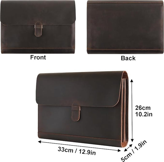 Genuine Leather File Folder, Accordian File Organizer, Leather Document Holder Resume Folio for Men & Women-Dark Brown-Custom