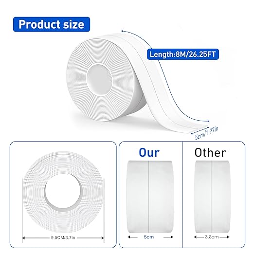 White Caulk Tape Self Adhesive Waterproof 1.97" x26.25Ft, Bathroom Peel & Stick Caulking Tape for Floor Tile Corner Trim & Shower, Toilet Bathtub Caulking Sealant Strip for Kitchen, Countertop, Sink