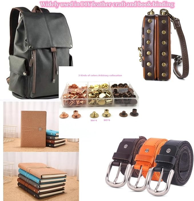 70 Set Gun Color Chicago Leather Rivets Set Screw Rivets M5 Chicago Binding Screws Trim and Repair Leather Craft Belt, Bag, Shoe, Purse Binding (3 Sizes M5*4,5,6)