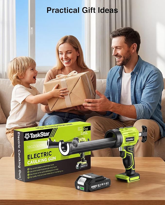 Taskstar Cordless Caulking Gun with Battery, Electric Caulking Gun with Caulking Tool 3 in 1, LED Light and 4-Adjustable Speed, Automatic Silicone Gun No Drip Compatible with Makita 18-21V Battery