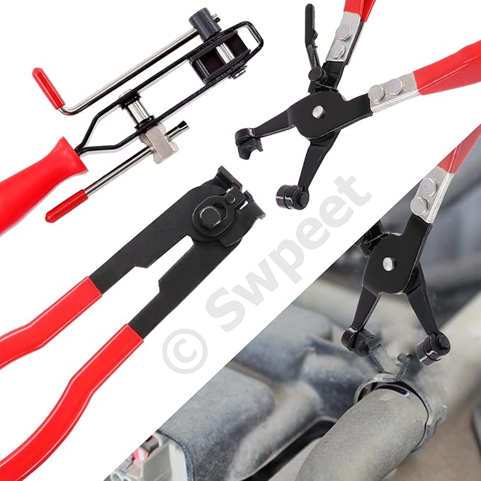 Swpeet 3Pcs Red CV Joint Boot Clamp and Swivel Flat Band Hose Clamp Assortment Kit, Ear Boot Tie Car Band Tool Car Water Pipe Locking Pliers Automotive Hose