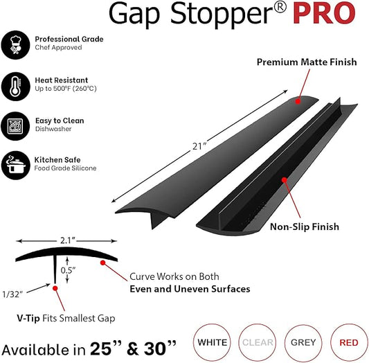 Gap Stopper® Pro - 21" Black, Professional Grade, FDA Heavy 8.6 oz Silicone, Set of 2, Covers Gap between Stove & Countertops