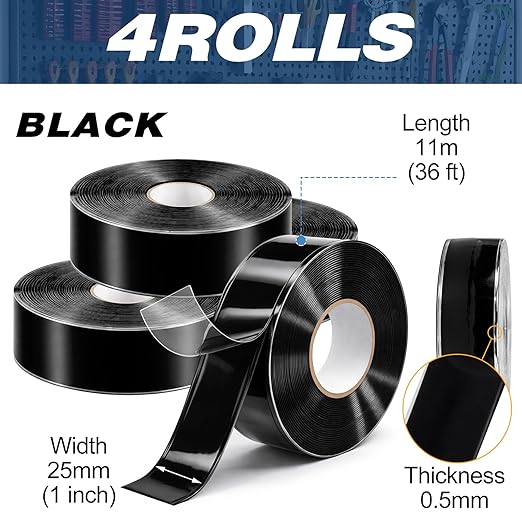 Treela 4 Rolls Self Fusing Silicone Tape 1" x 36' Black Waterproof Self Amalgamating Emergency Silicone Rubber Repair Tape for Hose Pipe Leak Sealing Electrical Insulation Plumbing Automotive Outdoor