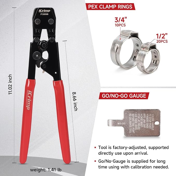 iCrimp PEX Pipe Clamp Crimping Tool Kit Cinch Crimper Tool for Stainless Steel Clamps from 3/8-inch to 1-inch with 1/2-inch 20pcs and 3/4-inch 10pcs SS PEX Clamps