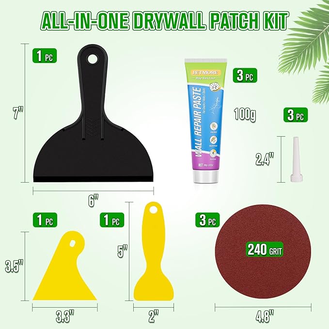 Jetmore 12 Pcs Drywall Repair Kit, 3 × 3.5 oz (100g Each) Spackle, Wall Repair Paste, Wall Putty, Wall Hole Filler with Putty Knife & Sanding Pad for Nail Holes, Cracks, Dents, Wall Mending Agent