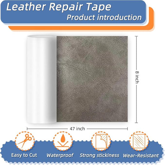 8x47 Inch Leather Repair Tape,Self Adhesive Leather Patches for Furniture,Vinyl Repair Kit for Couches,Bed,Car Seats,Chair (Gray)