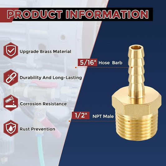 Pack of 25 Brass Hose Barbs Fittings 5/16" Hose Barbs to 1/2" NPT Male Fittings for Home Machines, Massage Bathtubs, and Irrigation Systems