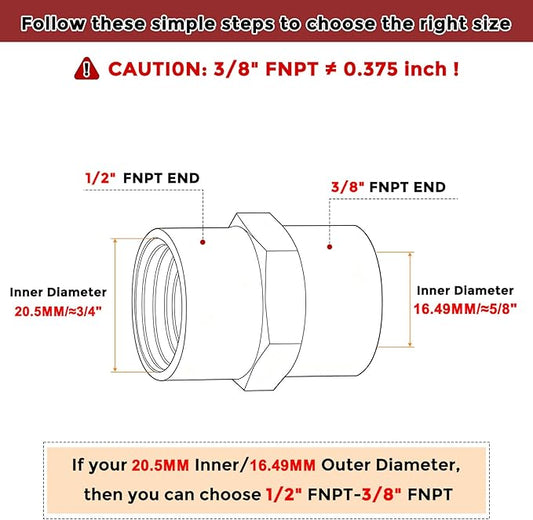 Pack of 6, 1/2" FeMale NPT to 3/8" FeMale NPT Solid Brass Pipe Fitting Coupler, Brass Coupling Hose Fittings Adapter for Pipe Leak Repair, Bathroom Remodeling, Tool Extensions