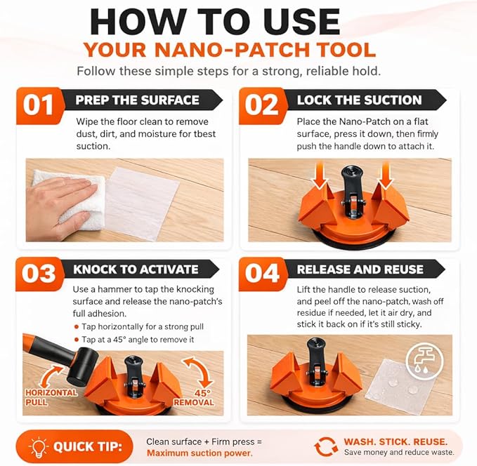 Floor Gap Fixer Tool, Heavy Duty Suction Cup Floor Gap Repair Tool for Vinyl Plank Laminate Flooring, 45° Striking Surface Plank Grabber with Gap Cutter, 5 Adhesive Pads Included, Orange