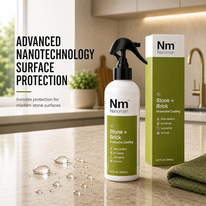 Nanoman Stone and Brick Sealer 8.4 fl oz; Marble Granite Quartz Stone Brick Concrete Grout Sealer and Protectant; Cleaner Sealant Protector & Care Spray for Kitchen and Bathroom Benches and Surfaces