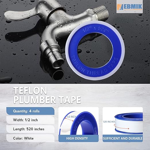 4 Rolls Teflon Tape,Plumbers Tape(1/2 Inch X 520 Inches),PTFE Tape for Sealing Tape,Plumbing Tape,Sealant Tape,Thread Seal Tape for Shower Head,Water Pipe,Prevent Leakage,Thicker