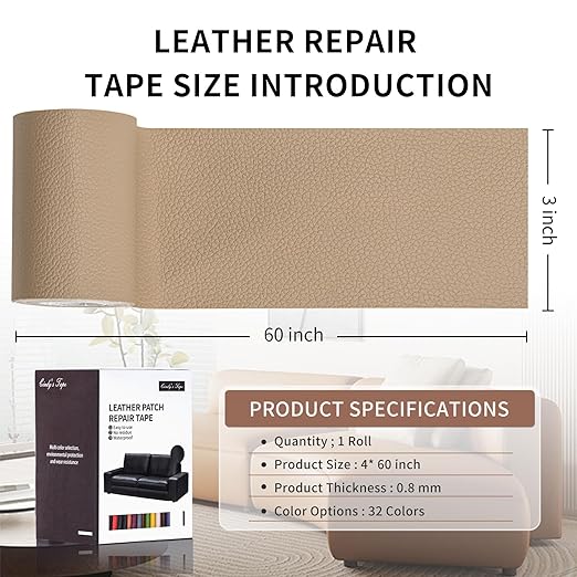 Leather Repair Patch Tape, Dark Beige 3 x 61 Inches Self Adhesive Leather Repair Kit for Furniture, Car Seat,Vinyl Leather Repair Kit for Office Chairs,Couch,Sofa, Luggage