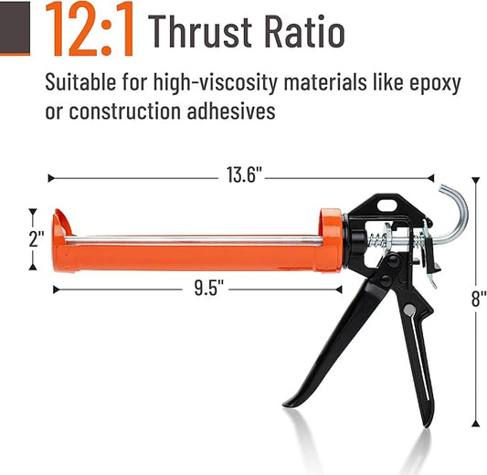Bates- Caulking Gun, 12:1 Thrust Ratio, Black & Orange, Caulking Tool Gun, Caulk Gun No Drip, Hand Caulking Guns, Silicone Gun, Caulking Gun Tool, No Drip Caulk Gun