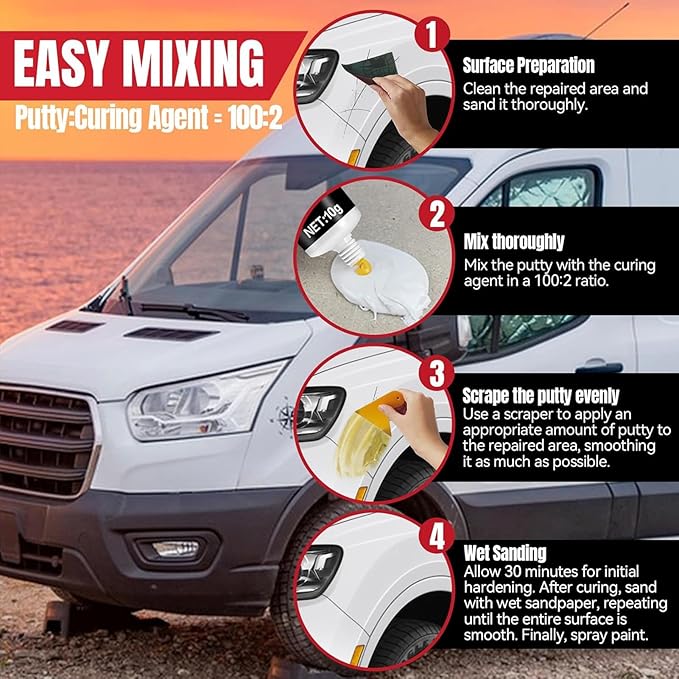 Auto Body Filler, Car Scratch Repair Kit, 100g Car Filler & 10g Hardener, Sandpaper, Scraper, Harden without Cracking, Quick-Drying Suit for Car, Boat, Metal, Fibreglass Paint Scratch Removal Repairs