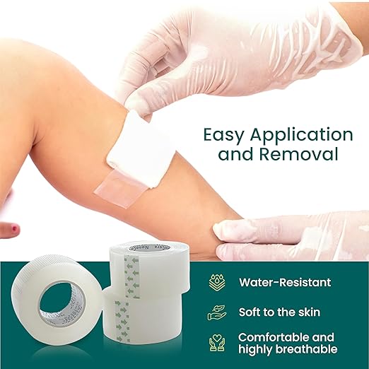 NanaCare Clear Medical Tape Waterproof, 4 Rolls- 1 inch x 10 yds + 10 pc Gauze Pads - Hypoallergenic Surgical Tape for Wound Care, Dressings & Face, First Aid Waterproof Bandage for Sensitive Skin