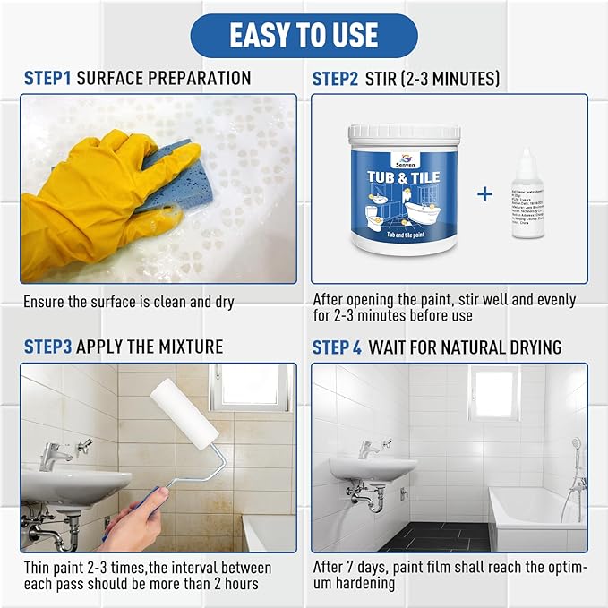 Tub and Tile Paint, Gloss White Tile Paint Refinishing Kit for Bathtub, Sink, Toilet, Bathroom Wall, Floor, Porcelain Acrylic Enamel, Water Based Low Odor, Easy to Use, 21oz, 30-35 sq.ft. Quick-Dry