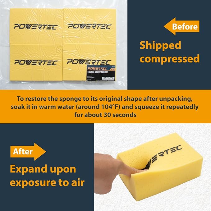 POWERTEC Large Square Grout Sponge – Professional Tile Grout Removal Cleaning Sponge – Heavy-Duty Absorbent Sponge, Multi-Purpose Cleaning Tool for Floors, Kitchen, and Bathroom – 20PK (72106-P5)