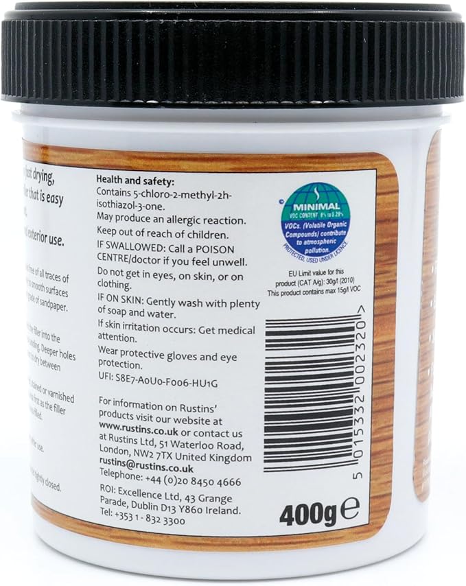 Rustins AWOOM250 Acrylic Wood Filler, Mahogany, 400g- Multi-Purpose Wood Repair Compound for Cracks, Gaps, & Surface Imperfections – Quick-Drying, Sandable, & Paintable for Interior & Exterior Use