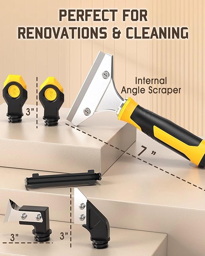 All-in-One Professional Caulk Remover Tool – Multi-Functional Scraper with Interchangeable Heads for Seamless Tile, Grout, and Bathroom Renovation, Ergonomic Handle & Durable Stainless Steel Blade