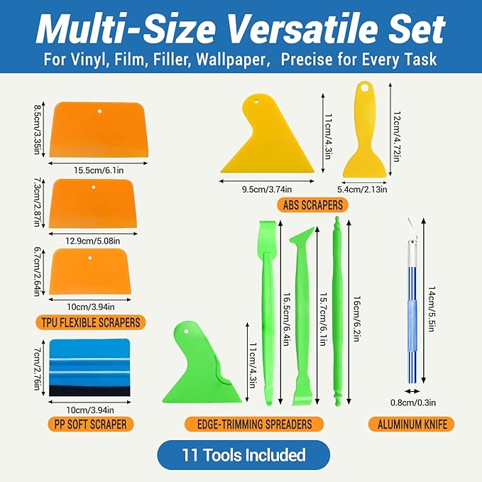 AZY 11PCS Auto Body Tool Set – Flexible Body Filler Spreader Tools, Plastic Putty Knife, Window Tint Kit & Tools, Multi-Size Squeegee for Car Wrap & Vinyl, Scratch-Free Design