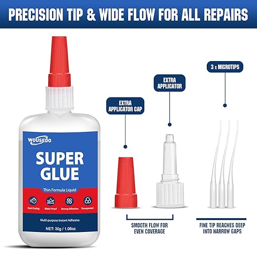 WOUSEDO Super Glue Liquid 30g, Fast Bonding Instant Thin CA Glue | Strong Clear Cyanoacrylate Adhesive for Rubber, Metal, Wood, Ceramic, Plastic*, Ideal for Hobby, Craft and Repair