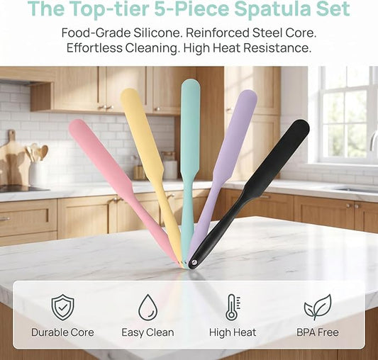 5Pcs Silicone Jar Spatulas Set, Non-Stick Heat Resistant Jam Spreader, Heat Resistant 572°F, Food-grade Cream Spatulas, Flexible Kitchen Scraper Tools for Mixing, Baking, and Cooking