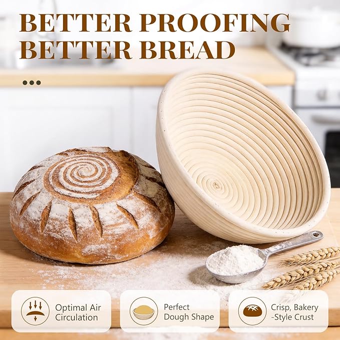 2 Pack Banneton Bread Proofing Baskets for Sourdough, 9 Inch Round Natural Rattan Proofing Basket for Dough Rising, Bread Proofing Bowl Sourdough Bread Baking Supplies for Home Bakers