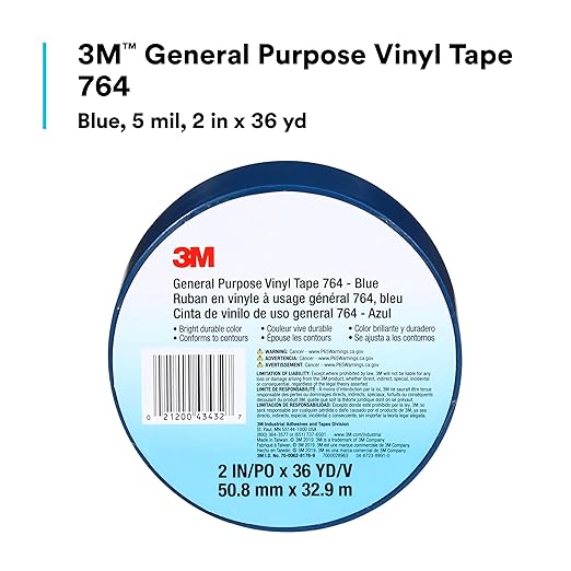 3M Vinyl Tape 764, General Purpose, 2 in x 36 yd, Blue, 1 Roll, Light Traffic Floor Marking, Social Distancing, Color Coding, Safety, Bundling