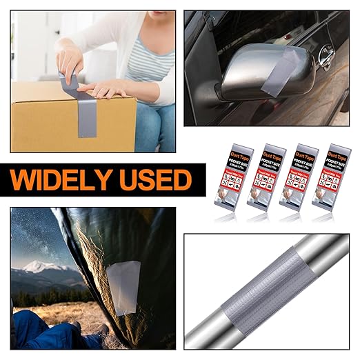 4 Pack 1.77 in x 10 ft Travel Duct Tape Mini Pocket Size Flat Roll Flexible Heavy Duty Waterproof Tear by Hand for Repair Outdoor Emergency Gear EDC DIY Craft Camping Hiking (Silver)