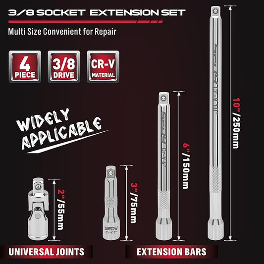 4-Piece 3/8" Drive Socket Extension Bar Set, Professional Socket Extension Set Include 3, 6, and 10 Inch Extensions and 3/8 Inch drive Universal Joint Sockets, Premium Cr-V Steel Construction