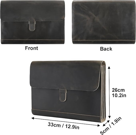 Genuine Leather File Folder, Accordian File Organizer, Leather Document Holder Resume Folio for Men & Women - Grey
