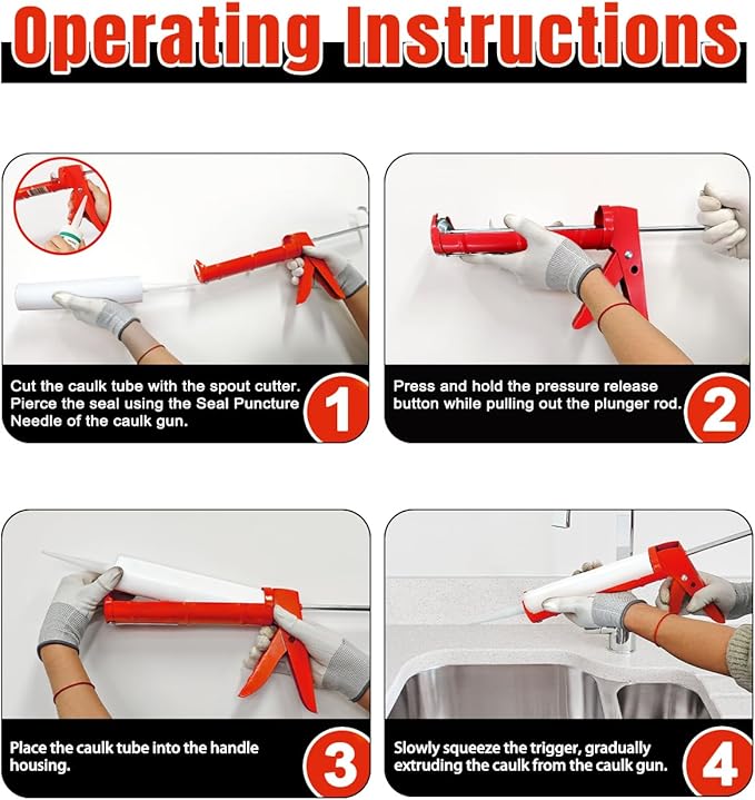 Holothurian Caulking Gun, Caulk Gun No Drip,Sealant Finishing Tool Grout Scraper for Kitchen Bathroom Window Sink Joint, 1/10 Gallon Cartridge, 10:1 Thrust Ratio, Red