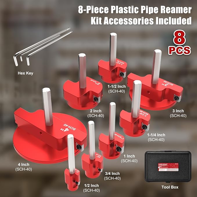 8-Piece PVC Pipe Reamer Kit - Qoobly Plastic Pipe Fitting Reamers for 1/2" Drills, Compatible with SCH40 PVC CPVC ABS Pipes - Reamer Sizes from 1/2" to 4" for Tubs Professional Pipes Repairs DIY Use