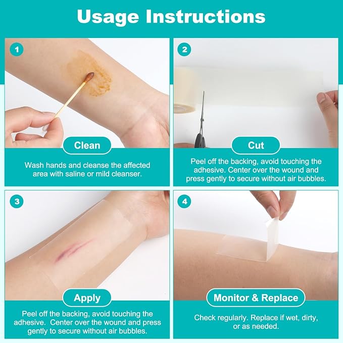 Hydrocolloid Roll for Wound Care, Hydrocolloid Bandages with Self-Adhesive, Cut-to-Size Patch Bandages, Ultra Absorbent, Waterproof, First Aid Kit Essential (2IN*12FT)