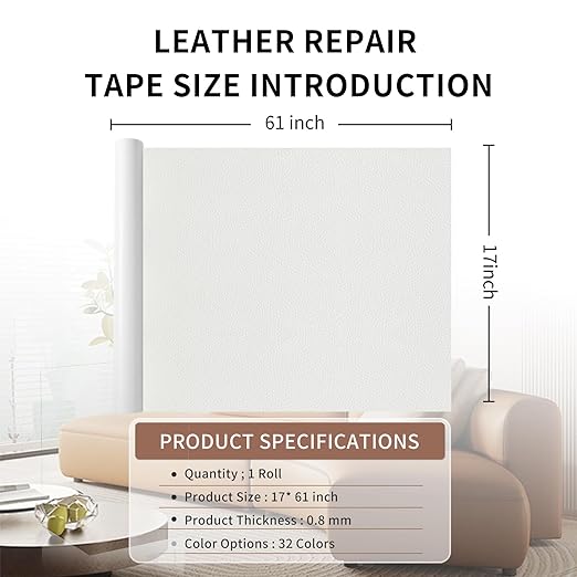 Leather Repair Patch Tape, White 17 x 61 Inches Self Adhesive Leather Repair Kit for Furniture, Car Seat,Vinyl Leather Repair Kit for Office Chairs, Bags, Luggage
