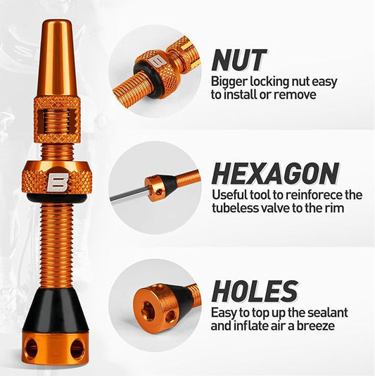 BWSHLF Tubeless Presta Valve Stem 40/44/55/60/65/80/100 mm, Super Light Alloy Presta Valve Stem Kit with Valve Core Remover Tool and Valve Stem Caps - Multiple Color and Size Options(Pair)
