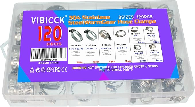 120PCS Hose Clamp Set - 1/4''–1-23/32'' 304 Stainless Steel Worm Gear Hose Clamps for Pipe, Intercooler, Plumbing, Tube and Fuel Line6-44mm (120 Pcs Kit)