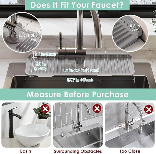 24 Inch Silicone Faucet Mat for Kitchen Sink Splash Guard - 7° Slope Water Draining Mat With Fasten Button for Bathroom Area (Gray, 17.7''x5.5'')