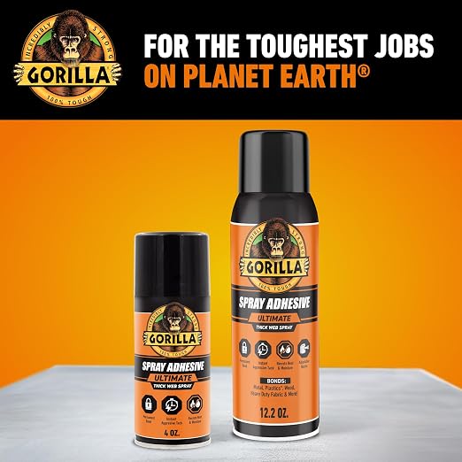 Gorilla Ultimate Spray Adhesive, Multi-Purpose Web Spray Contact Glue, Instant Aggressive Tack, Adjustable Nozzle, White, 12.2 oz (Pack of 1), Bonds Wood, Metal, Plastic, Leather & Fabric