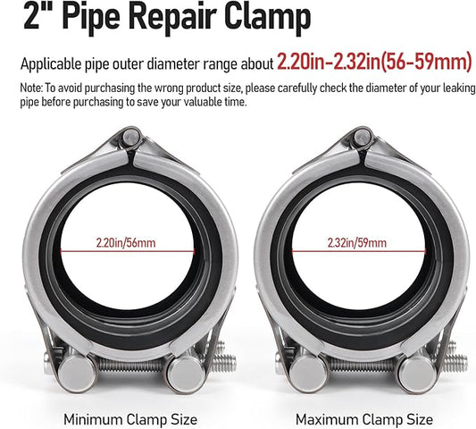 Upgraded Pipe Repair Clamp with M1 Self-Adhesive Leak-Sealing Tape | 304 Stainless Steel Rust-Proof Emergency Pipe Repair Kit for Plastic & Metal Pipes, 2" (56-59mm)