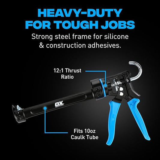 OX Pro 10 oz Heavy Duty Caulking Gun 12:1 Thrust Ratio - 10 oz Caulk Gun Manual Dispenser Sealant Adhesive - Pistola De Caulking