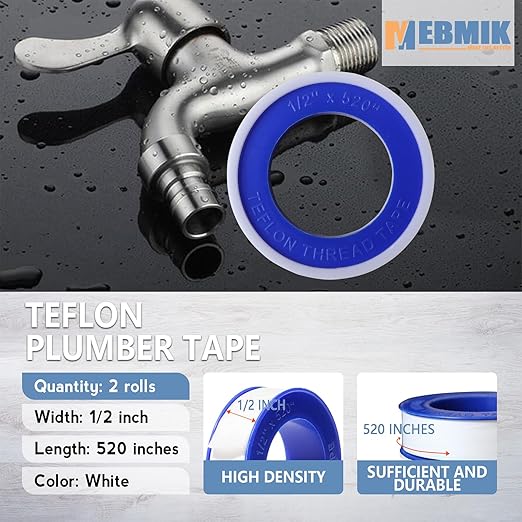 Teflon Tape,PTFE Plumbers Tape,for Sealing,Plumbing,Sealant,Thread Seal for Shower Head,Water Pipe,Prevent Leakage,(2 Rolls,1/2 Inch X 520 Inches).