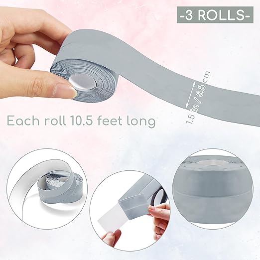 3 Rolls 10.5 Feet Caulk Tape Toilet Caulking Strip Self Adhesive Bathroom Sealing Peel and Stick Caulk Strip for Bathtub, 1.5 Inches (Grey)